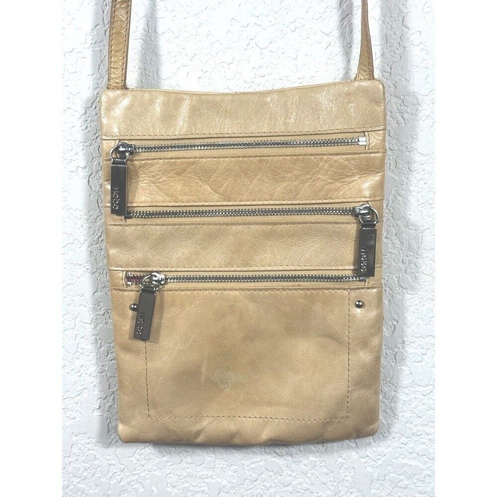 HOBO International Beige Leather Crossbody Bag Triple Zip Y2K Travel Organizer